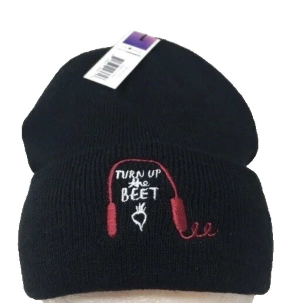 (NWT) Twelve NYC Women's Black "Turn Up The Beet" Stretchable Knit Beanie Hat OS
